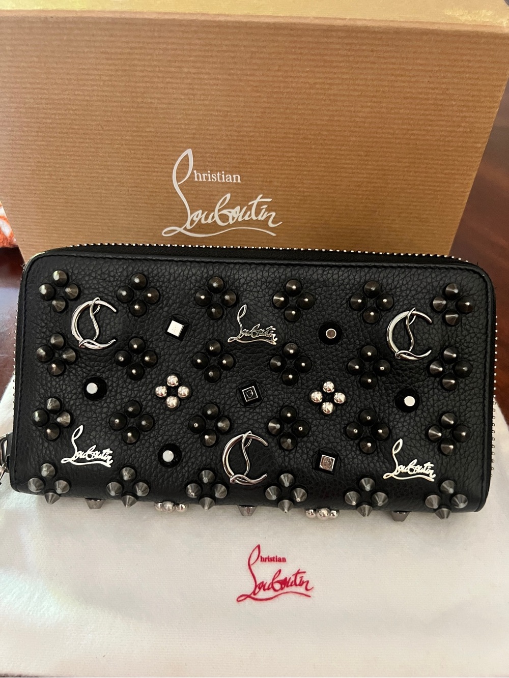 Christian Louboutin Panettone Black Leather Studded Spike Zip Around Wallet